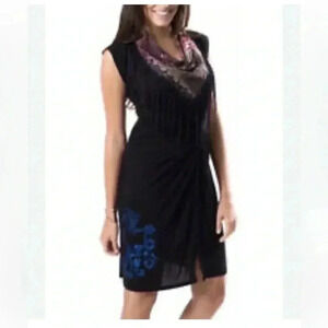 Desigual Womens Gray Fringed Scarf Neck  Dress Size L